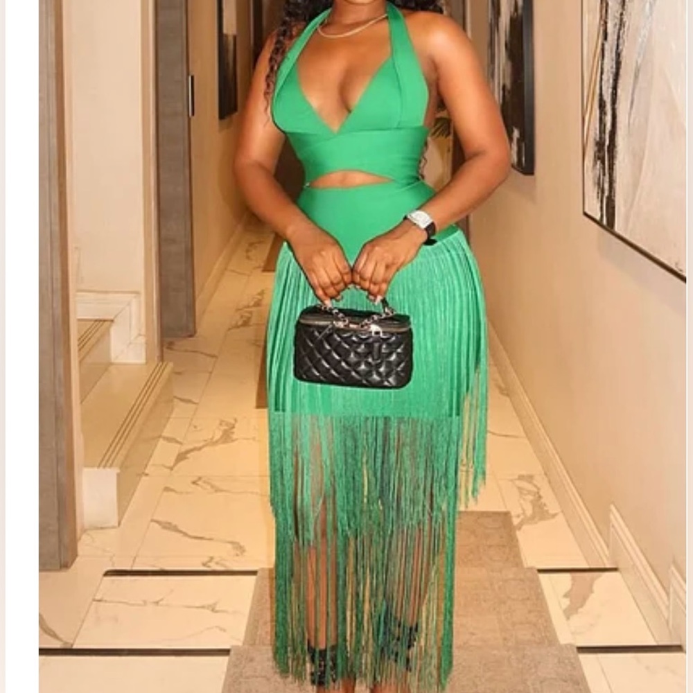 NEW - V Neck Halter Cutout Fringe Layered
Party Maxi Dresses-Green